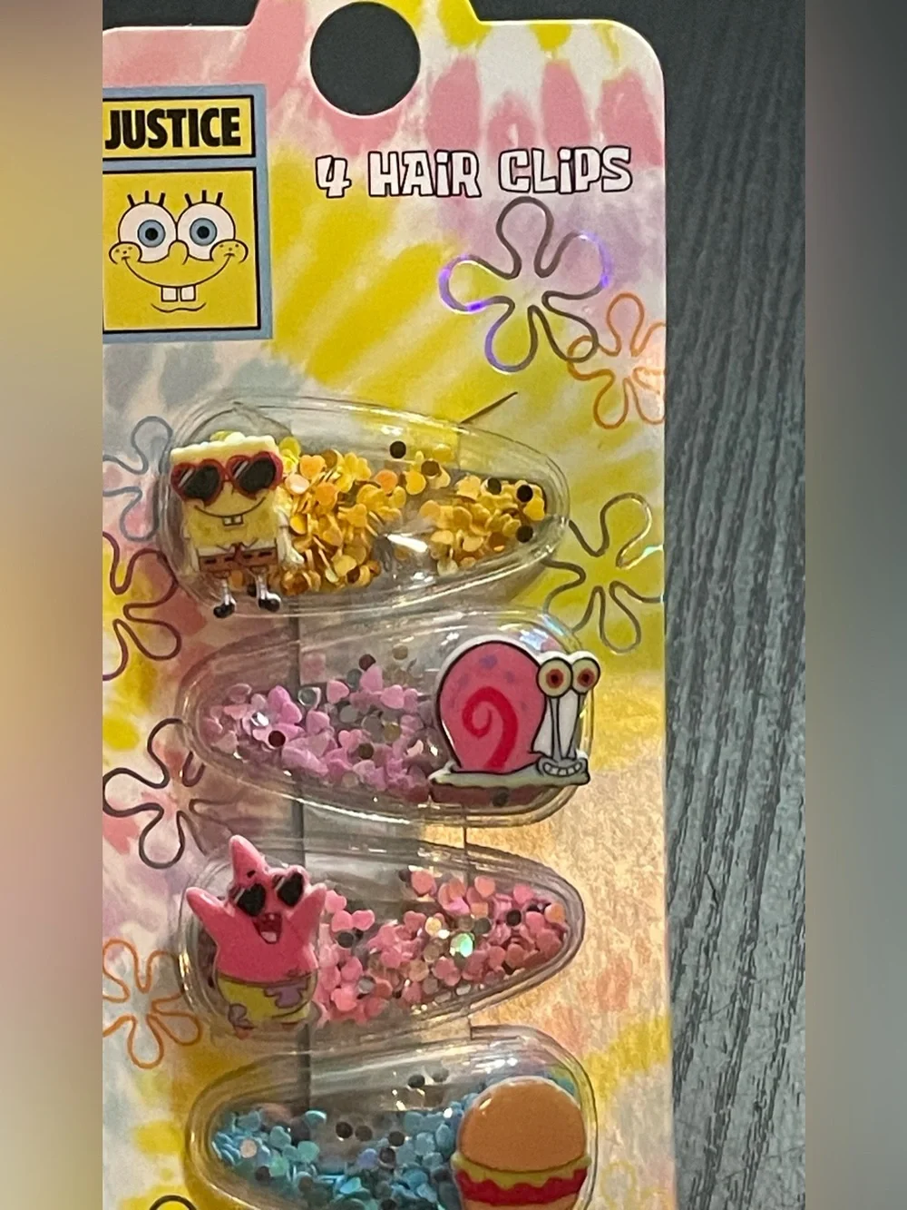 NWT Justice SpongeBob SquarePants Glitter Shaker Snap Hair Clips 4 Pack